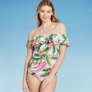 Women's Off Shoulder Flounce One Piece Swimsuit - Kona Sol, L‎ 12-14, Botanical